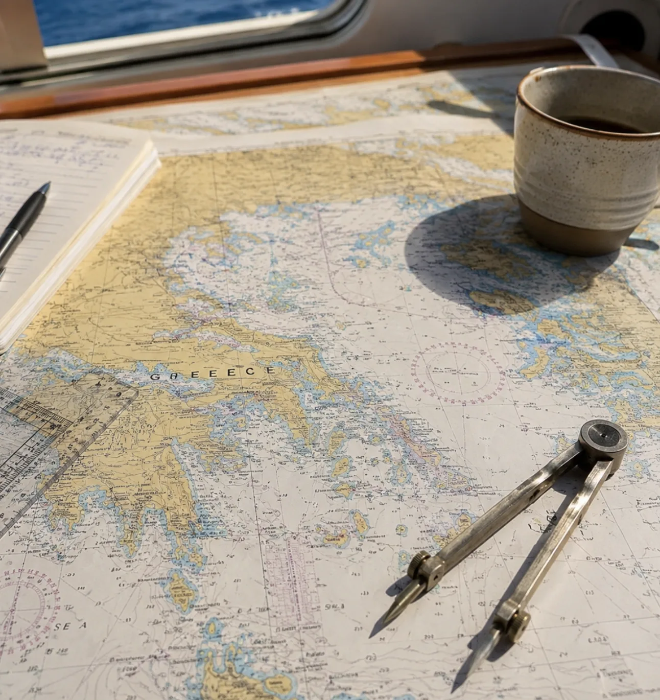 Navigatiekaart en koffie aan boord tijdens winterzeilen in Griekenland